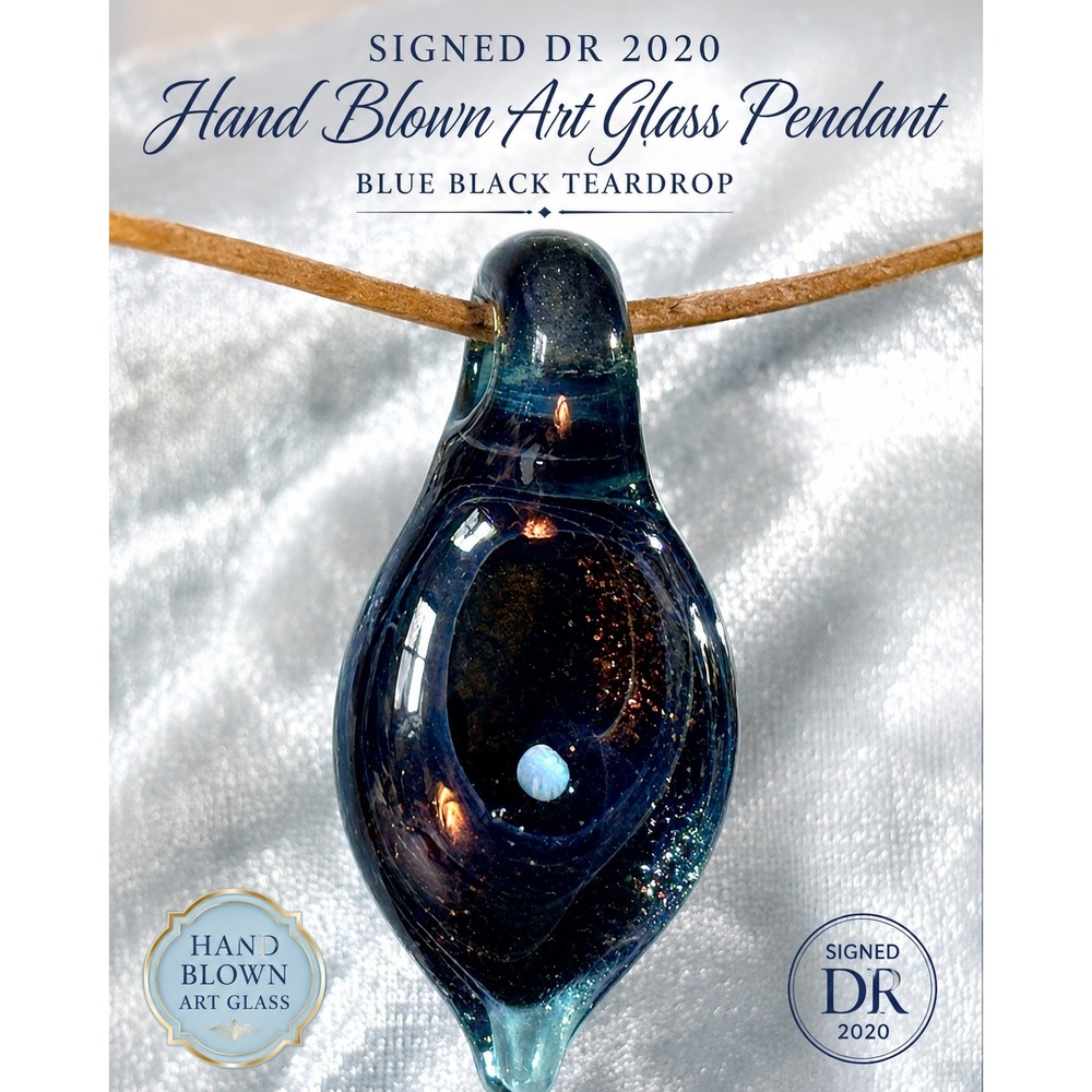 Signed DR 2020 Hand Blown Art Glass Pendant Blue Black Teardrop